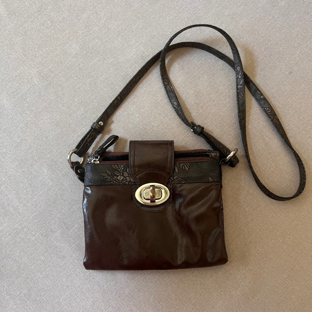 Braciano Dark Brown Floral Embossed Crossbody Bag Turn Lock Multi Compartment